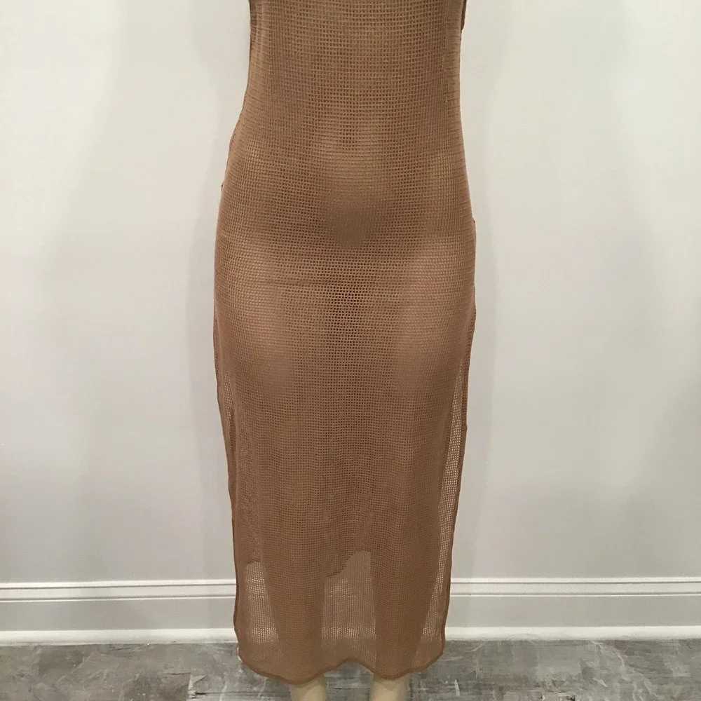 Sndys Paradise Maxi Swim Beach Coverup Nude Brown Crochet Netted Sheer SZ XS NWT